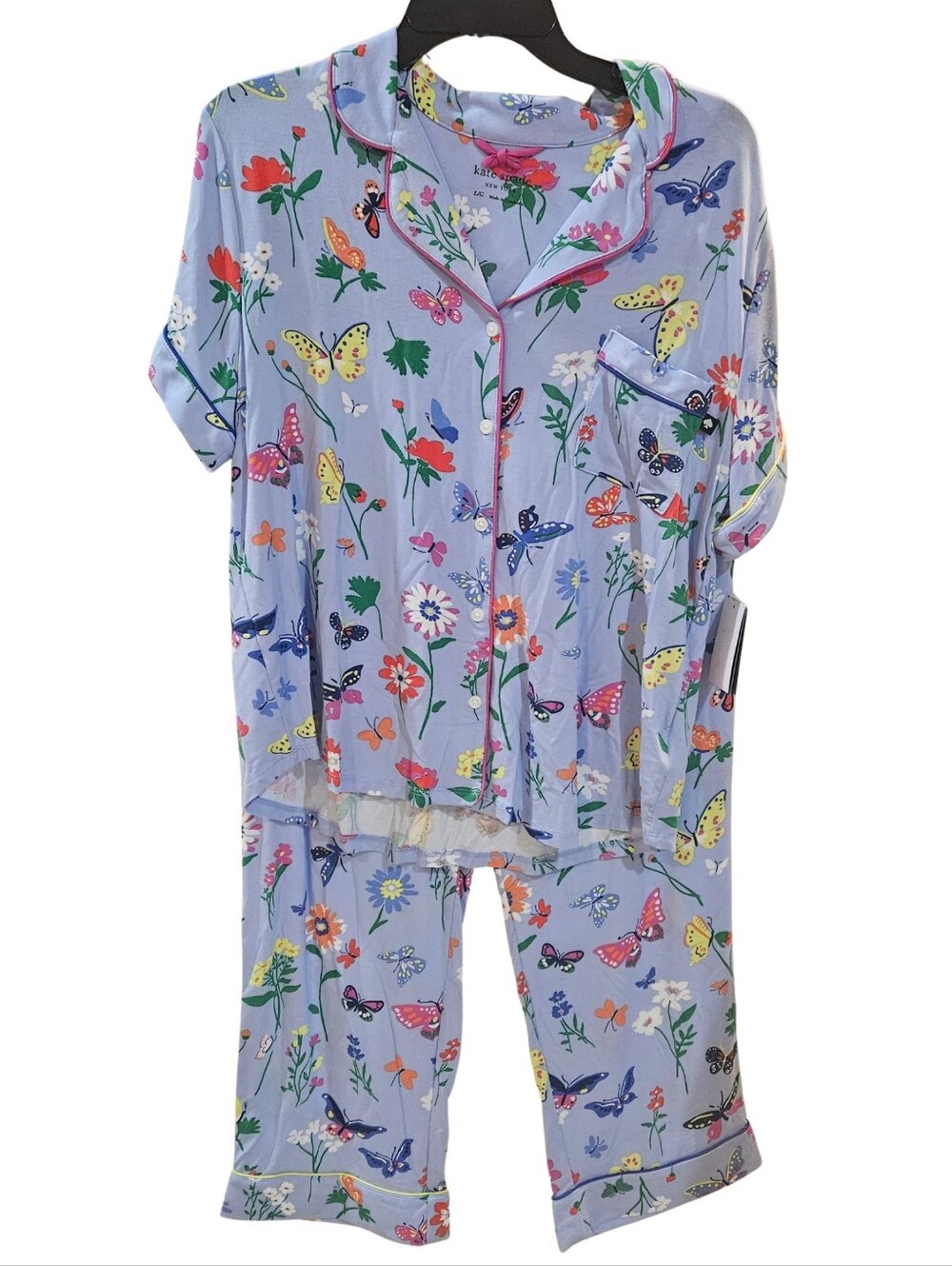 Kate Spade Pajama Set Butterfly Blooms Blue Short Sleeve & Cropped Pants NWT